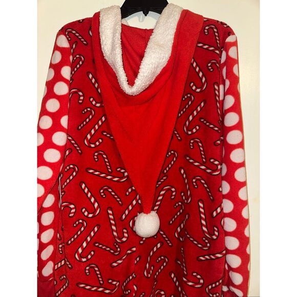 #Follow me Christmas one piece zip up pajamas santa hood candy canes women's Lar - Picture 5 of 6